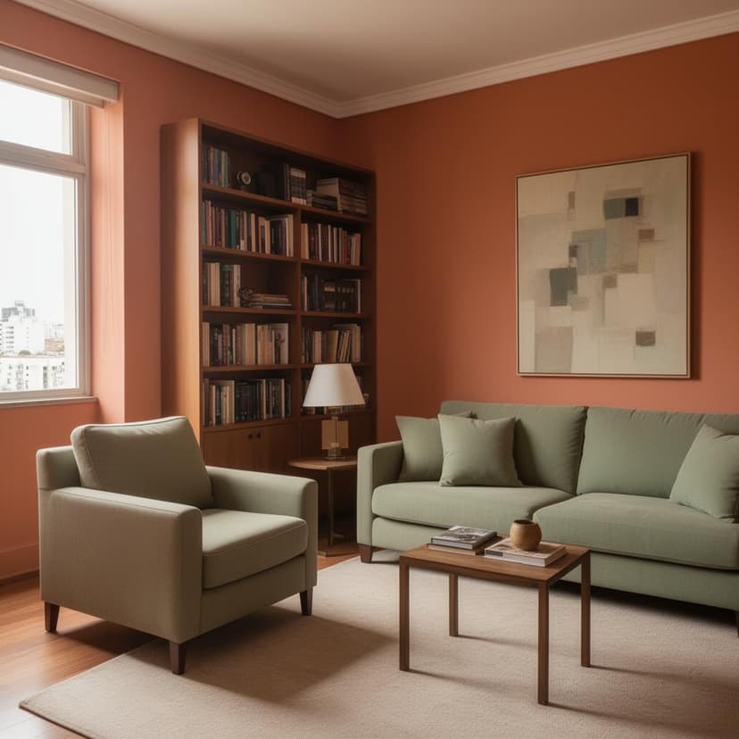 Sala de consultório com sofá, poltrona, estante de livros e tons acolhedores