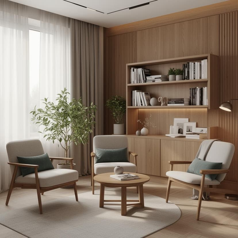 Consultório com poltronas, madeira clara, plantas e decoração minimalista
